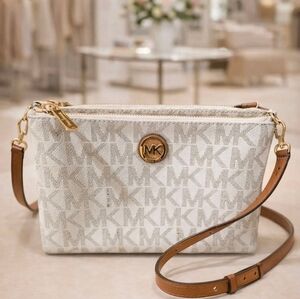 Michael Kors Monogram Cream and Tan Crossbody Bag
